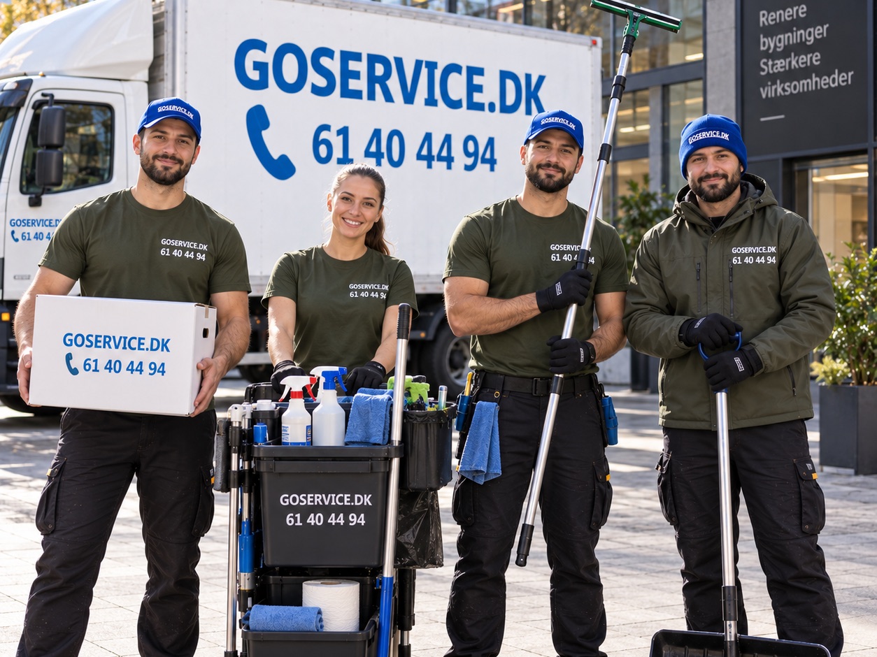 GoService-medarbejdere med servicevogn og firmabil foran en erhvervsejendom