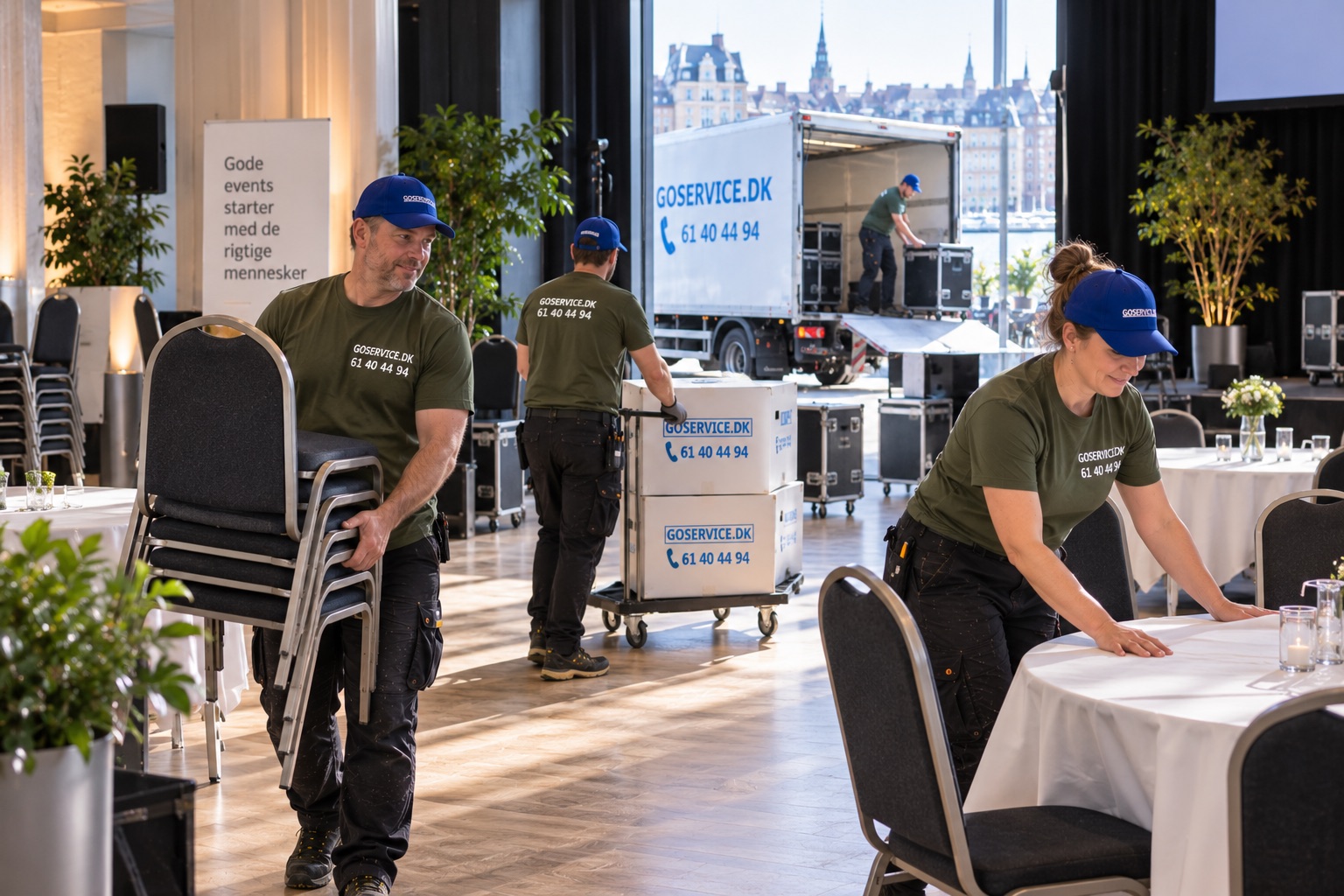 GoService-medarbejdere stiller stole og borde op før et firmaarrangement