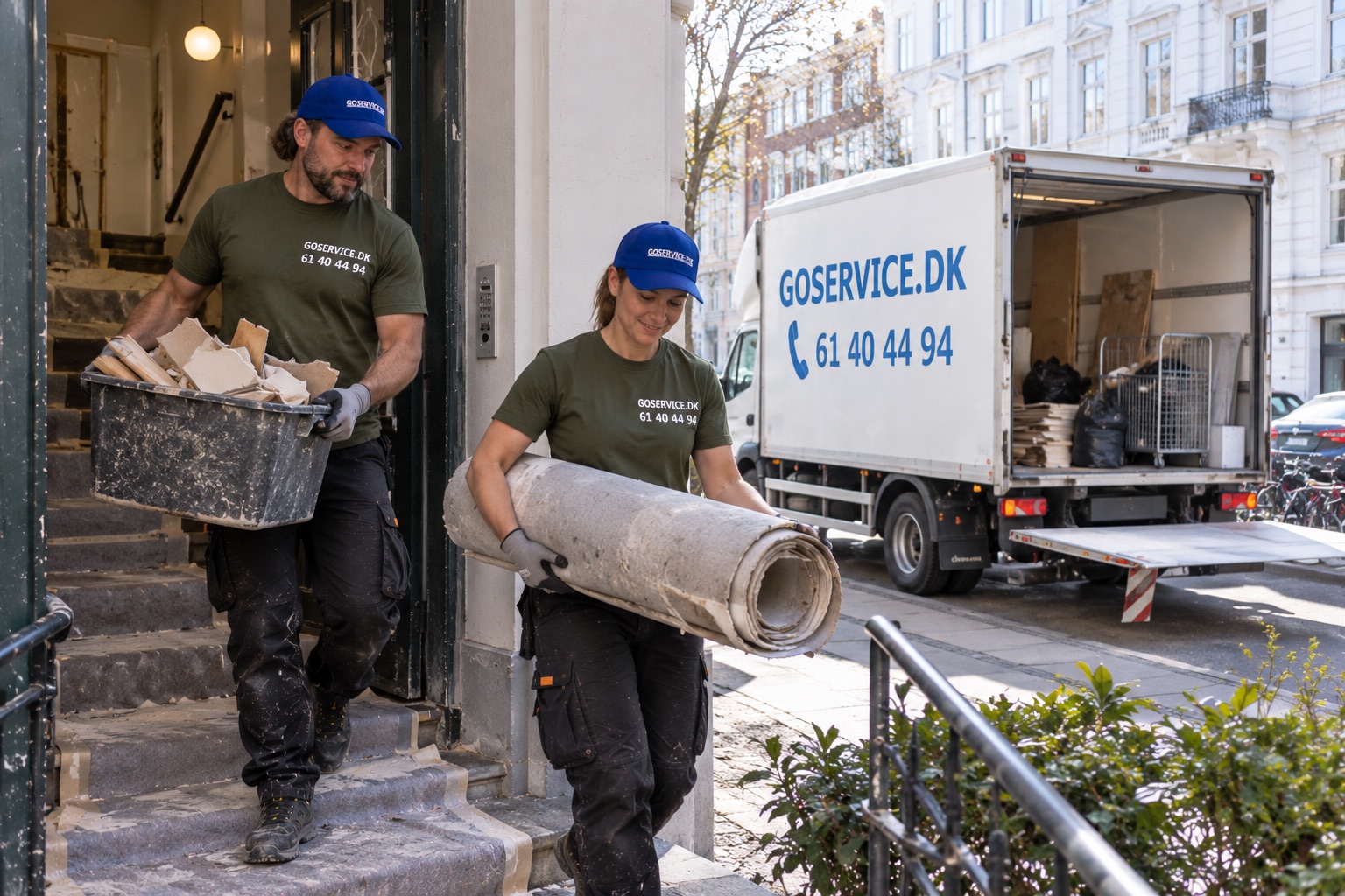 GoService-medarbejdere bærer byggeaffald og gammelt gulv ud til firmabilen efter en renovering