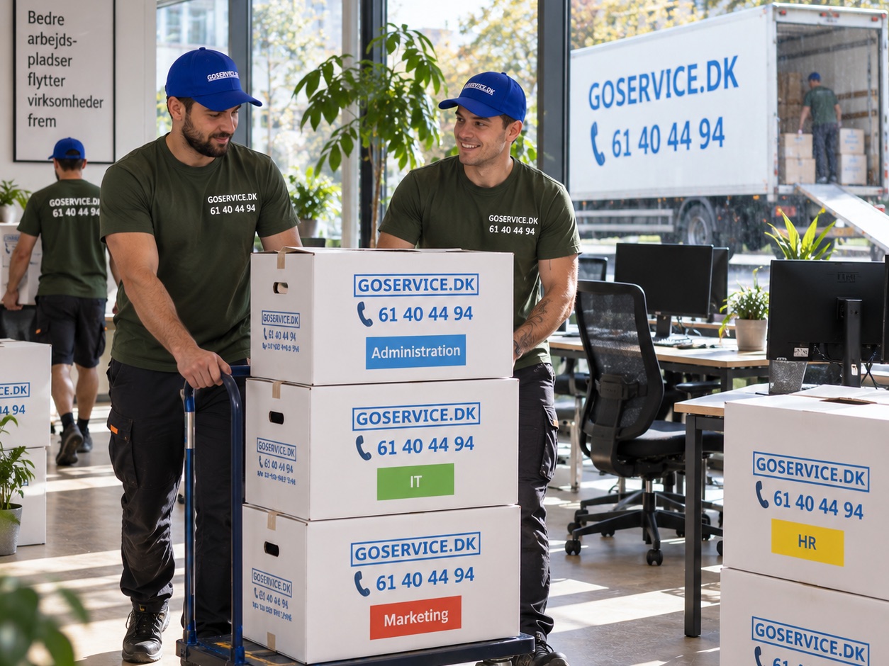 GoService-medarbejdere flytter mærkede flyttekasser under en kontorflytning