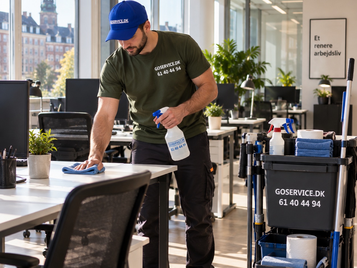 GoService-medarbejder udfører erhvervsrengøring på et moderne kontor