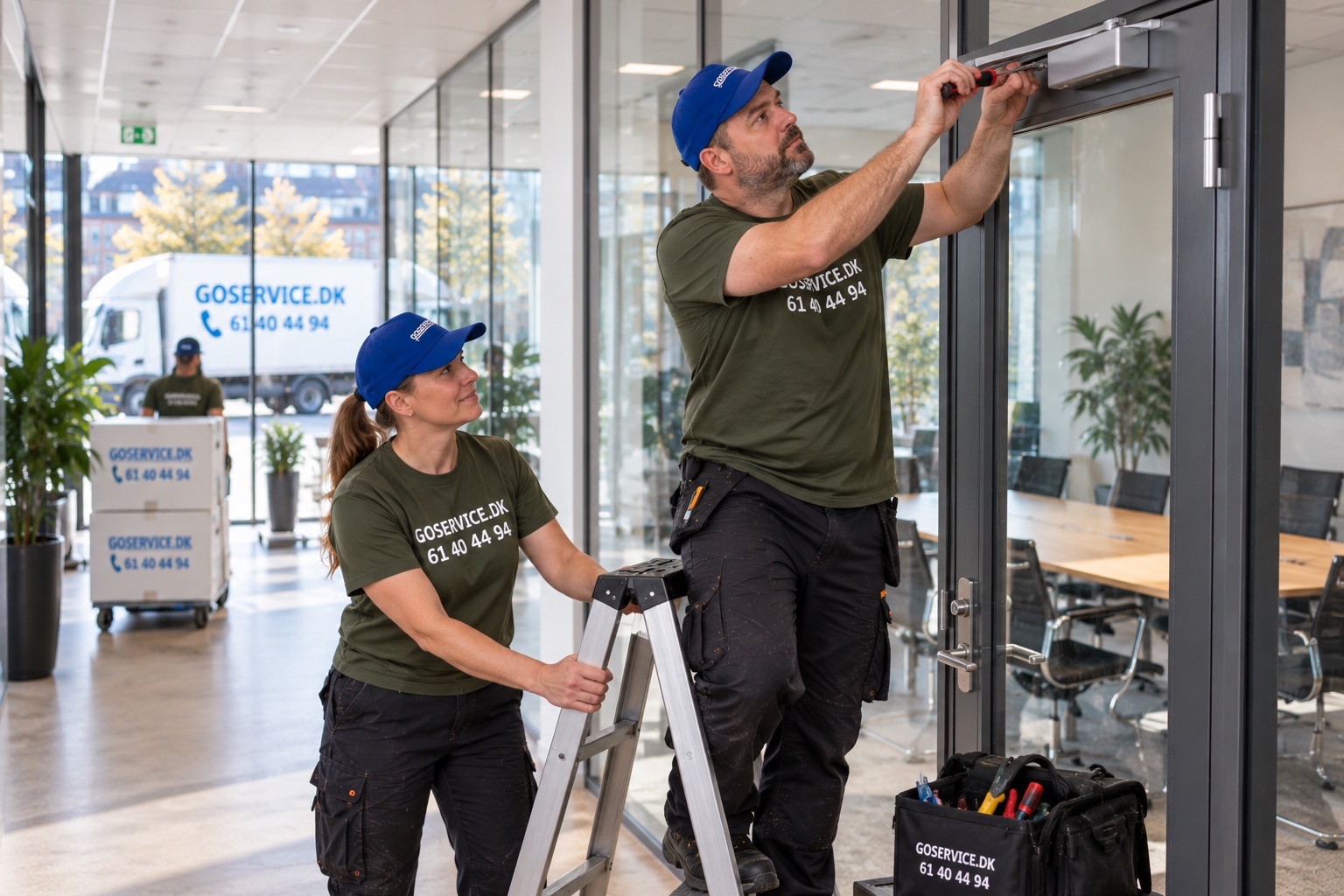 To GoService-medarbejdere monterer en dørpumpe i en kontorgang