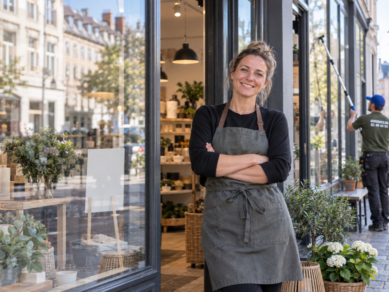 Smilende butiksejer i døren til sin butik, mens en GoService-medarbejder pudser butiksruderne
