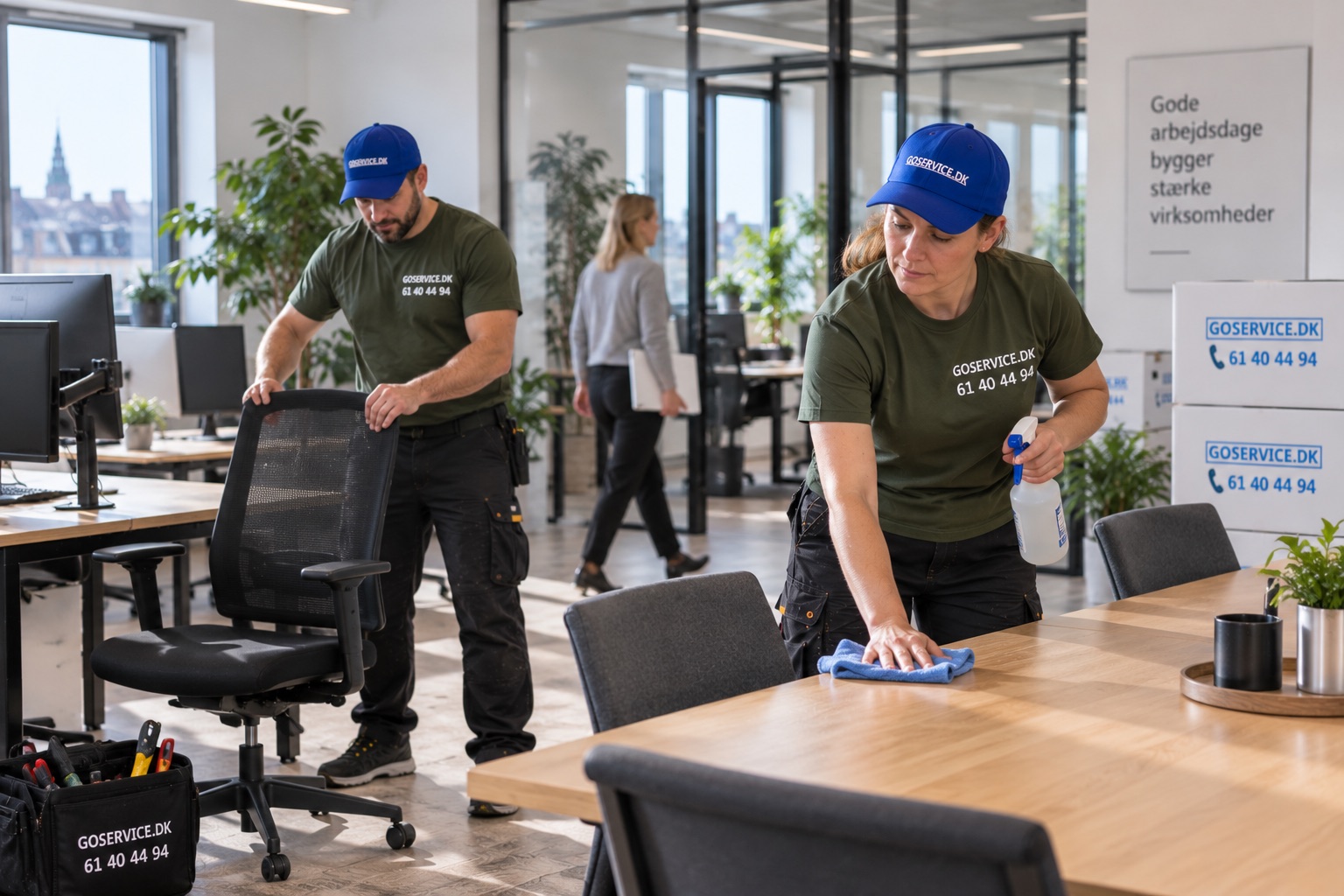 GoService-medarbejdere stiller kontormøbler op i et storrumskontor