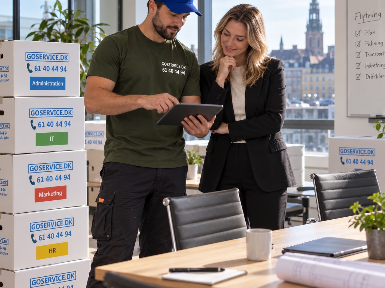 GoService-medarbejder og en kunde gennemgår opgaven på en tablet i et kontor med flyttekasser