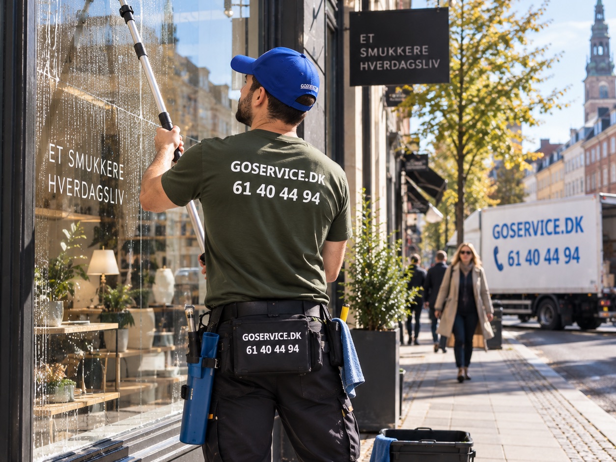 GoService-medarbejder pudser vinduer på en erhvervsfacade i København