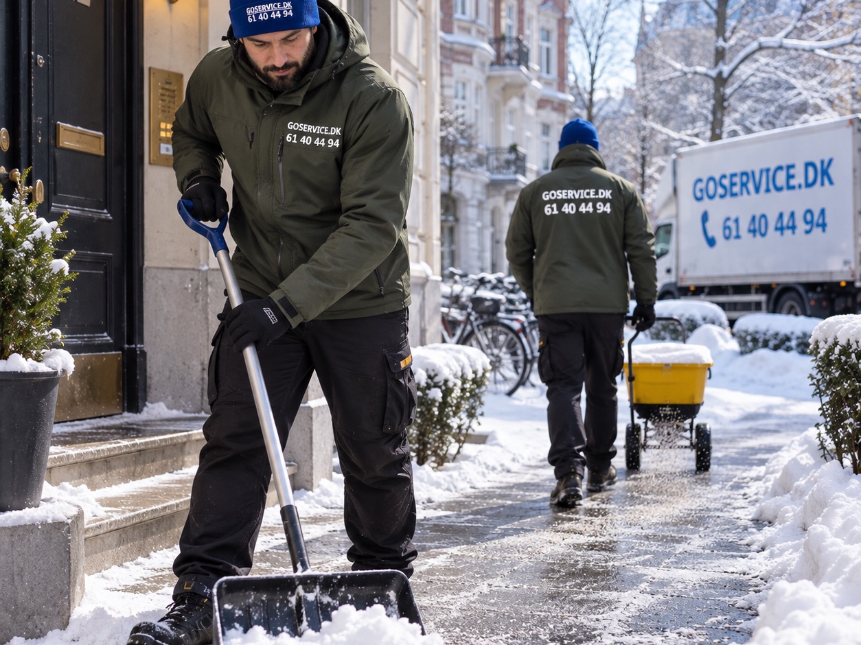GoService-medarbejdere rydder sne og salter ved indgangen til en erhvervsejendom